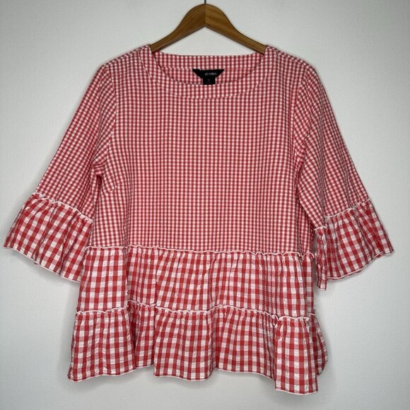 Ali Miles Tops - Ali Miles Gingham Ruffle Top Size L Petite Coral White